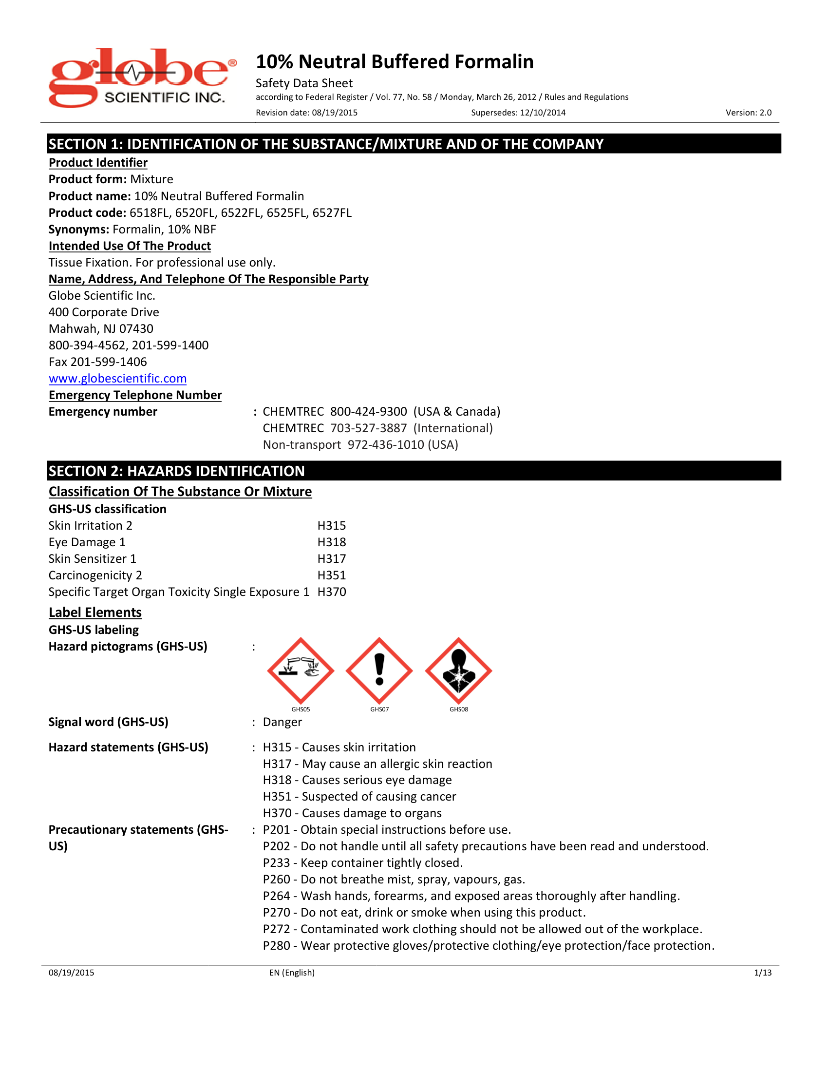 FormalinMSDS – Globe Scientific