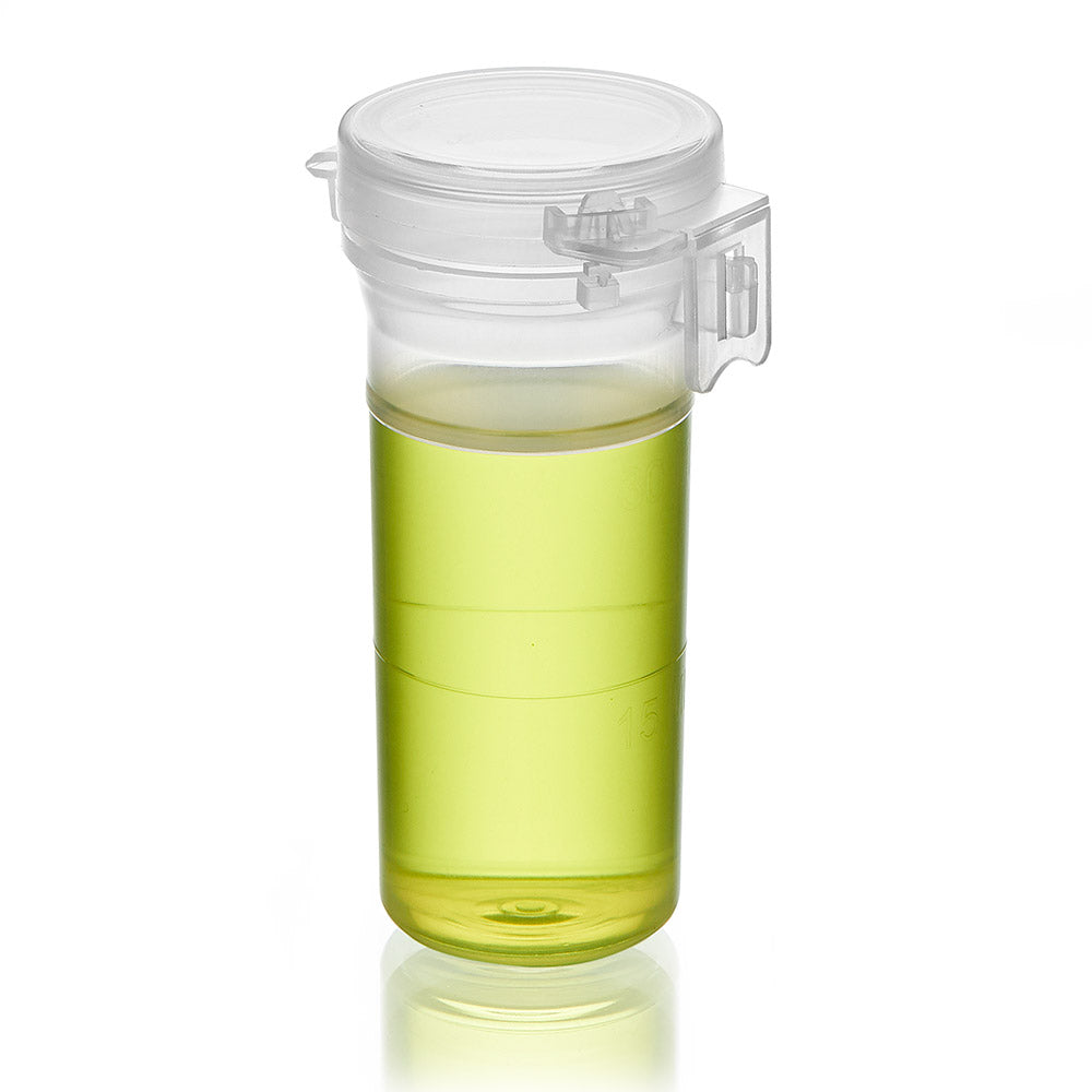 Sample Vial, 30mL, Flip Top with Locking Tab, and Tamper Seal, Molded Graduations at 15 & 30ml, 200/Bag, 3 Bags/Case