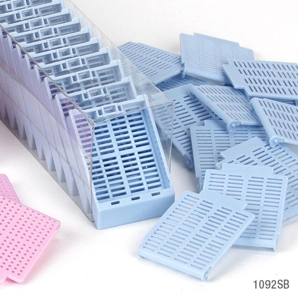 Cassettes in Sleeve, Tissue Embedding, Separate Dual Hinged Lid, 45° Writing Area, BLUE, 75 Cassette/Sleeve and 75 Lids/Bag, 10 of each per Unit