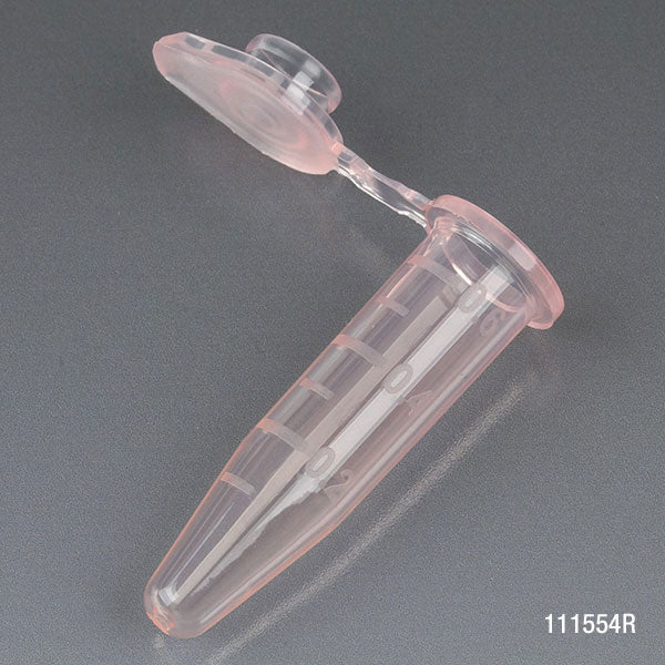 Microcentrifuge Tube, 0.5mL, PP, Attached Snap Cap, Graduated, RED, Certified: Rnase, Dnase and Pryogen Free, 500/Stand Up Zipper Closure Bag