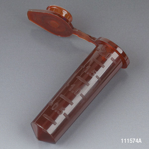 Microcentrifuge Tube, 2.0mL, PP, Attached Snap Cap, Graduated, AMBER, Certified: Rnase, Dnase and Pryogen Free, 500/Stand Up Zipper Closure Bag