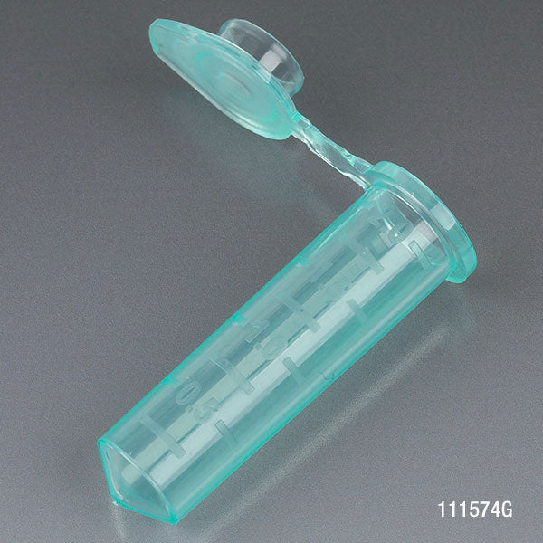 Microcentrifuge Tube, 2.0mL, PP, Attached Snap Cap, Graduated, GREEN, Certified: Rnase, Dnase and Pryogen Free, 500/Stand Up Zipper Closure Bag