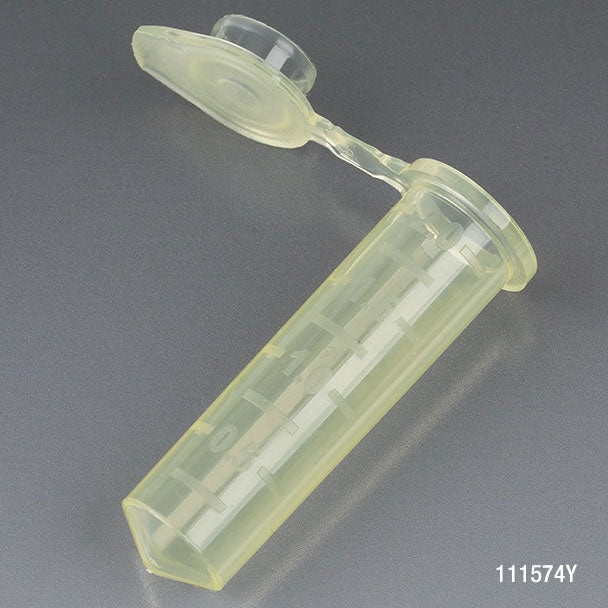 Microcentrifuge Tube, 2.0mL, PP, Attached Snap Cap, Graduated, YELLOW, Certified: Rnase, Dnase and Pryogen Free, 500/Stand Up Zipper Closure Bag