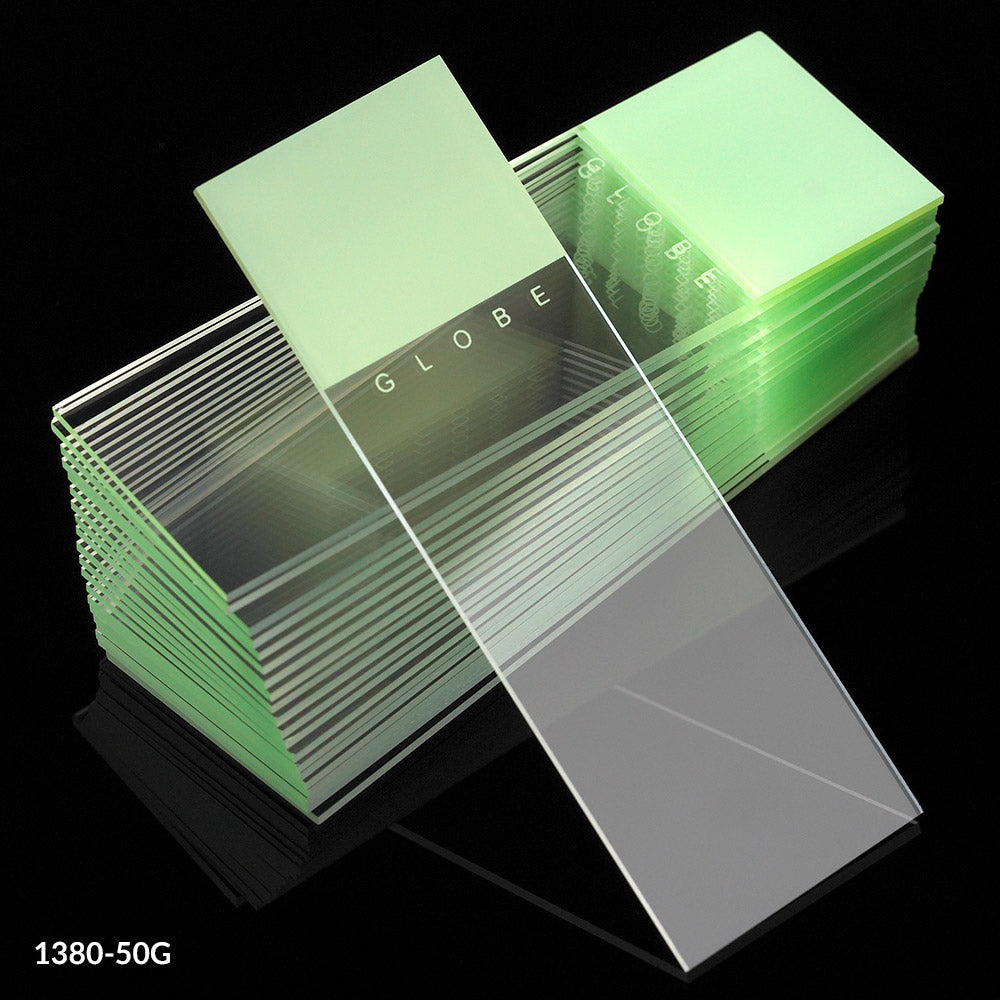Microscope Slides, Diamond White Glass, 25 x 75mm, 90° Ground Edges, GREEN Frosted