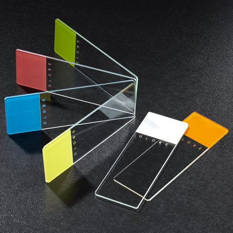 Globe Scientific Diamond White Glass microscope slides with colored labeling areas