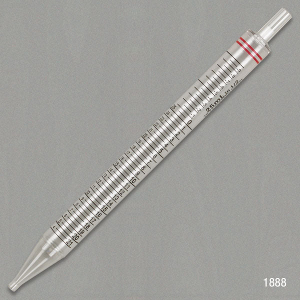 25mL, Serological Pipette, PS, Short, 230mm, STERILE, Red Striped, Individually Wrapped
