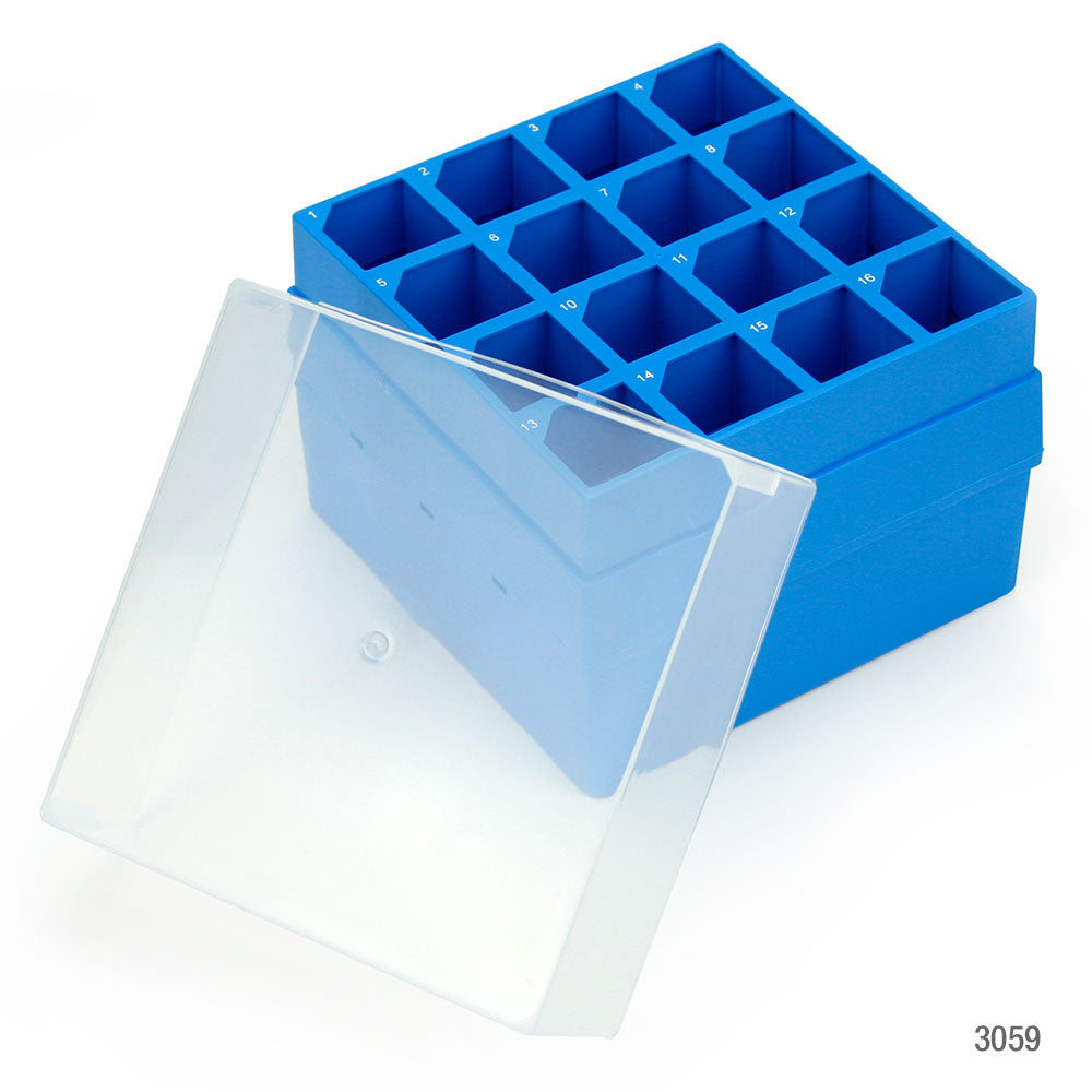 Storage Box with Lid for 50mL Centrifuge Tubes, 16-Place (4x4), PP, Blue Base & Clear Lid