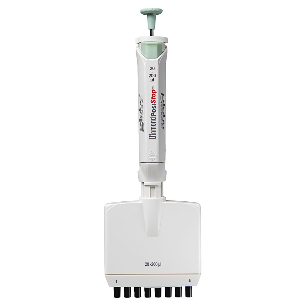 Pipette, Diamond PosiStop, Fully Autoclavable, 8-Channel,  Adjustable volume, 20 - 200ul, Green