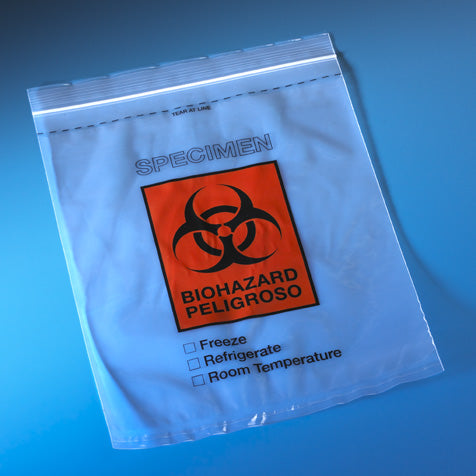 Bag, Biohazard Specimen Transport, 8" x 10", Zipper Closure with Score Line and Document Pouch