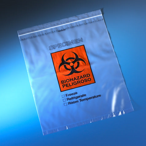 Bag, Biohazard Specimen Transport, 12" x 15", Zipper Closure with Score Line and Document Pouch
