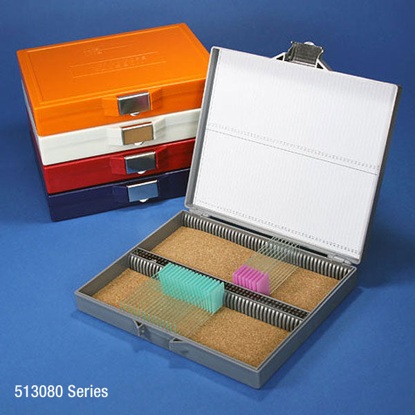Slide Box for 100 Slides, Cork Lined, Stainless Steel Lock, 5 Assorted Colors (Gray, Blue, Dark Gray, Orange and White)