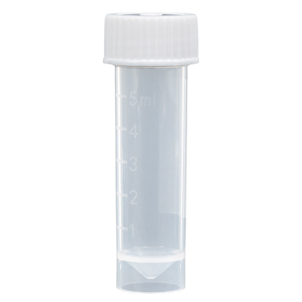 Transport Tube, 5mL, with Attached White Screw Cap, STERILE, PP, Conical Bottom, Self-Standing, Molded Graduations, 25/Bag, 20 Bags/Case