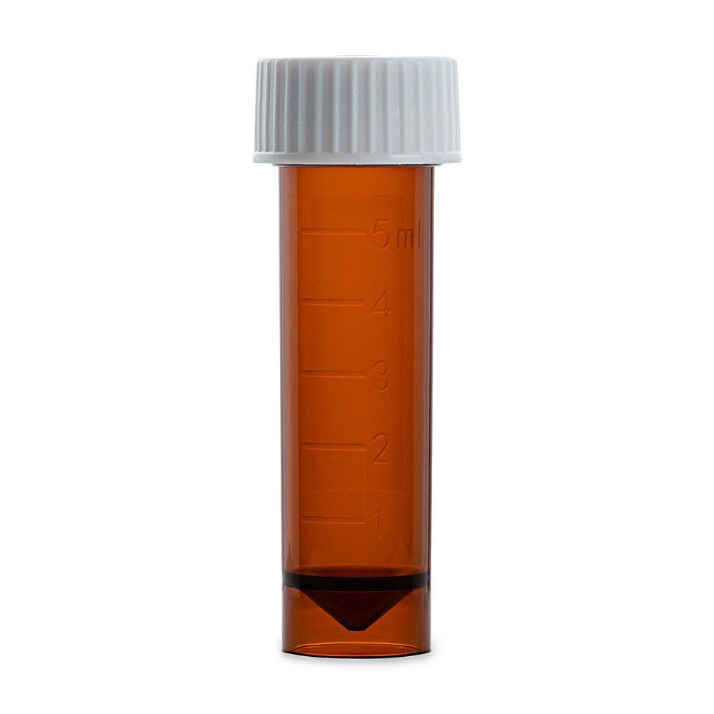 Transport Tube, 5mL, with Separate Screw Cap, AMBER, PP, Conical Bottom, Self-Standing, Molded Graduations