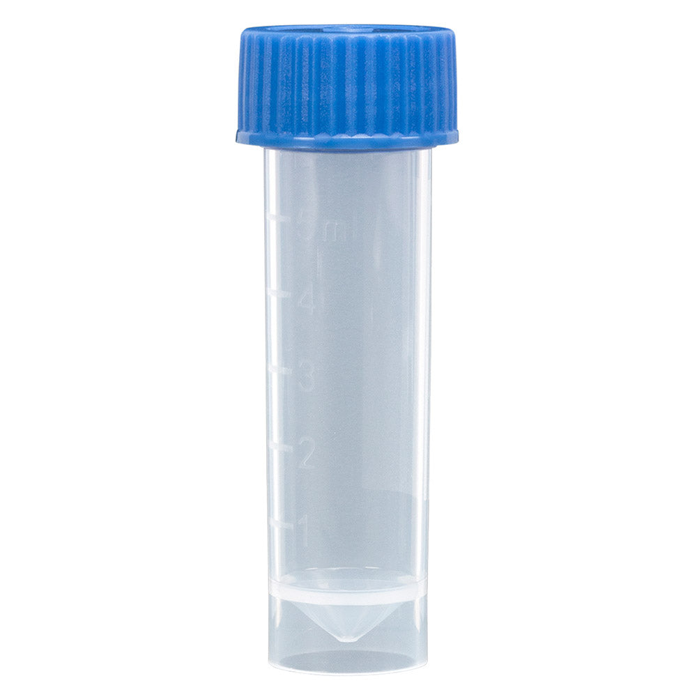 Transport Tube, 5mL, with Separate Blue Screw Cap, PP, Conical Bottom, Self-Standing, Molded Graduations