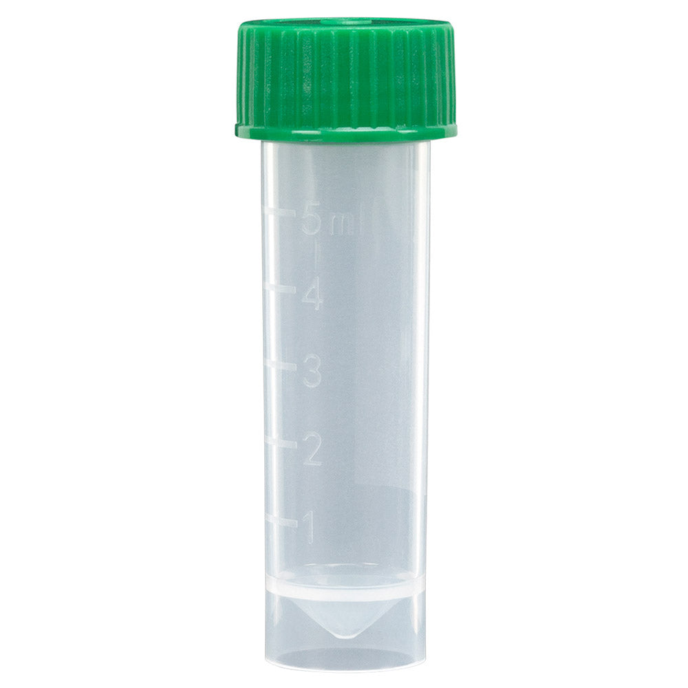 Transport Tube, 5mL, with Separate Green Screw Cap, PP, Conical Bottom, Self-Standing, Molded Graduations