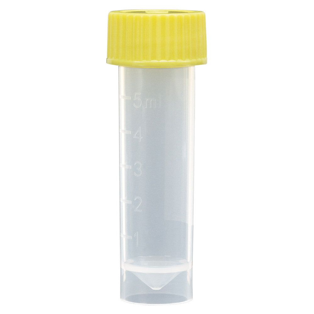 Transport Tube, 5mL, with Separate Yellow Screw Cap, PP, Conical Bottom, Self-Standing, Molded Graduations