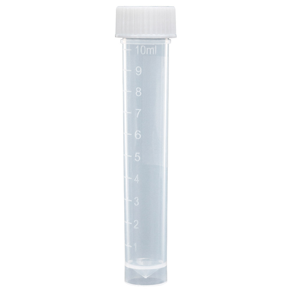 Transport Tube, 10mL, with Attached White Screw Cap, STERILE, PP, Conical Bottom, Self-Standing, Molded Graduations, 25/Bag, 20 Bags/Case