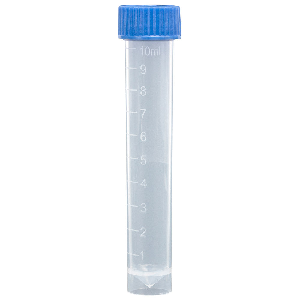 Transport Tube, 10mL, with Separate Blue Screw Cap, PP, Conical Bottom, Self-Standing, Molded Graduations