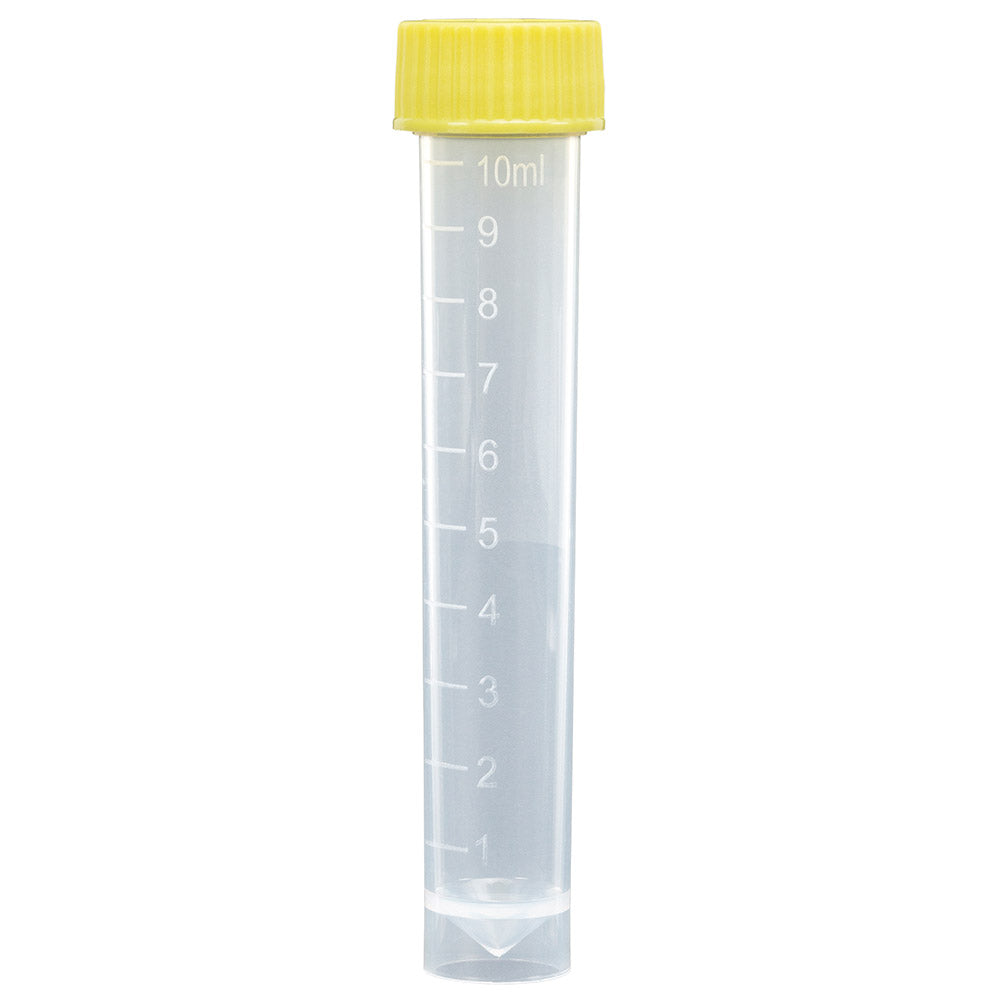 Transport Tube, 10mL, with Separate Yellow Screw Cap, PP, Conical Bottom, Self-Standing, Molded Graduations