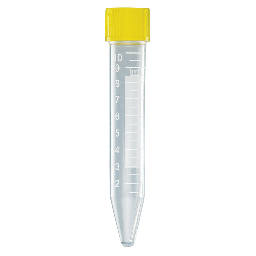 Centrifuge Tube, 10mL, with Attached Yellow Screw Cap, PP, Printed Graduations, STERILE, 100/Bag, 10 Bags/Case