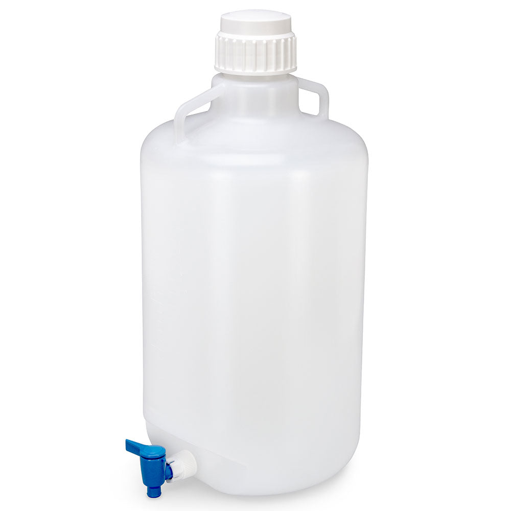 Carboy, Round with Spigot and Handles, PP, White PP Screwcap, 25 Liter, Molded Graduations, Autoclavable