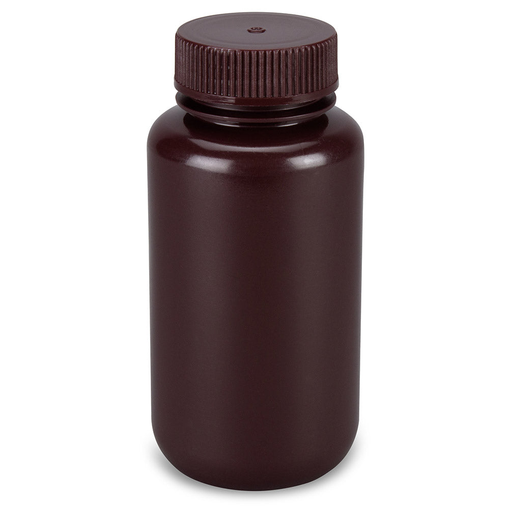 Diamond Essentials Bottle, Wide Mouth, Round, Amber HDPE with Amber PP Closure, 250mL, Bulk Packed with Bottles and Caps Bagged Separately, 250/Case