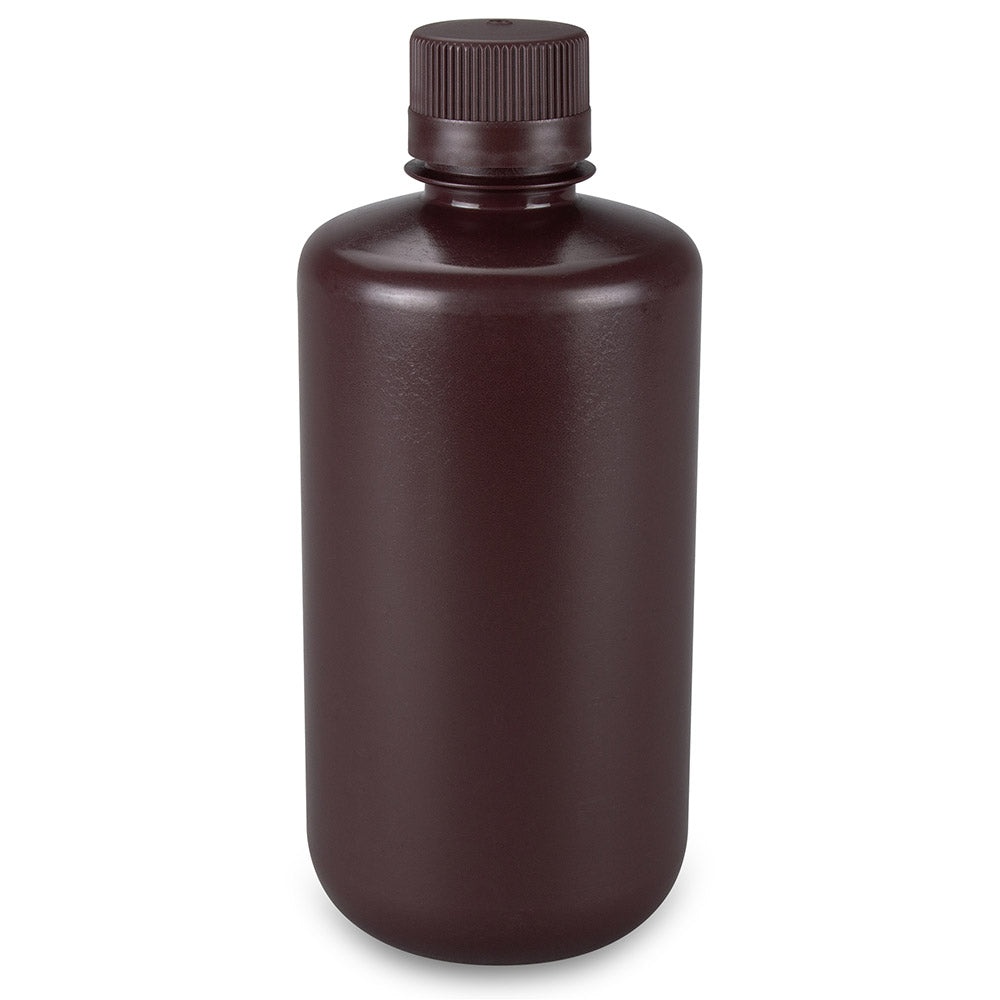 Diamond Essentials Bottle, Narrow Mouth, Boston Round, Amber HDPE with Amber PP Closure, 1000mL, Bulk Packed with Bottles and Caps Bagged Separately, 50/Case