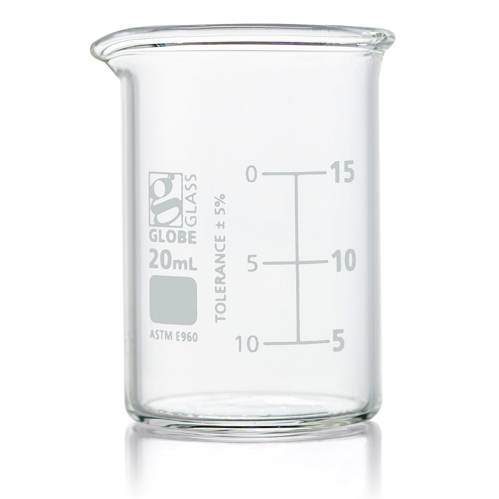 20mL Beaker, Globe Glass, Low Form Griffin Style, 12/Box, 48/Case