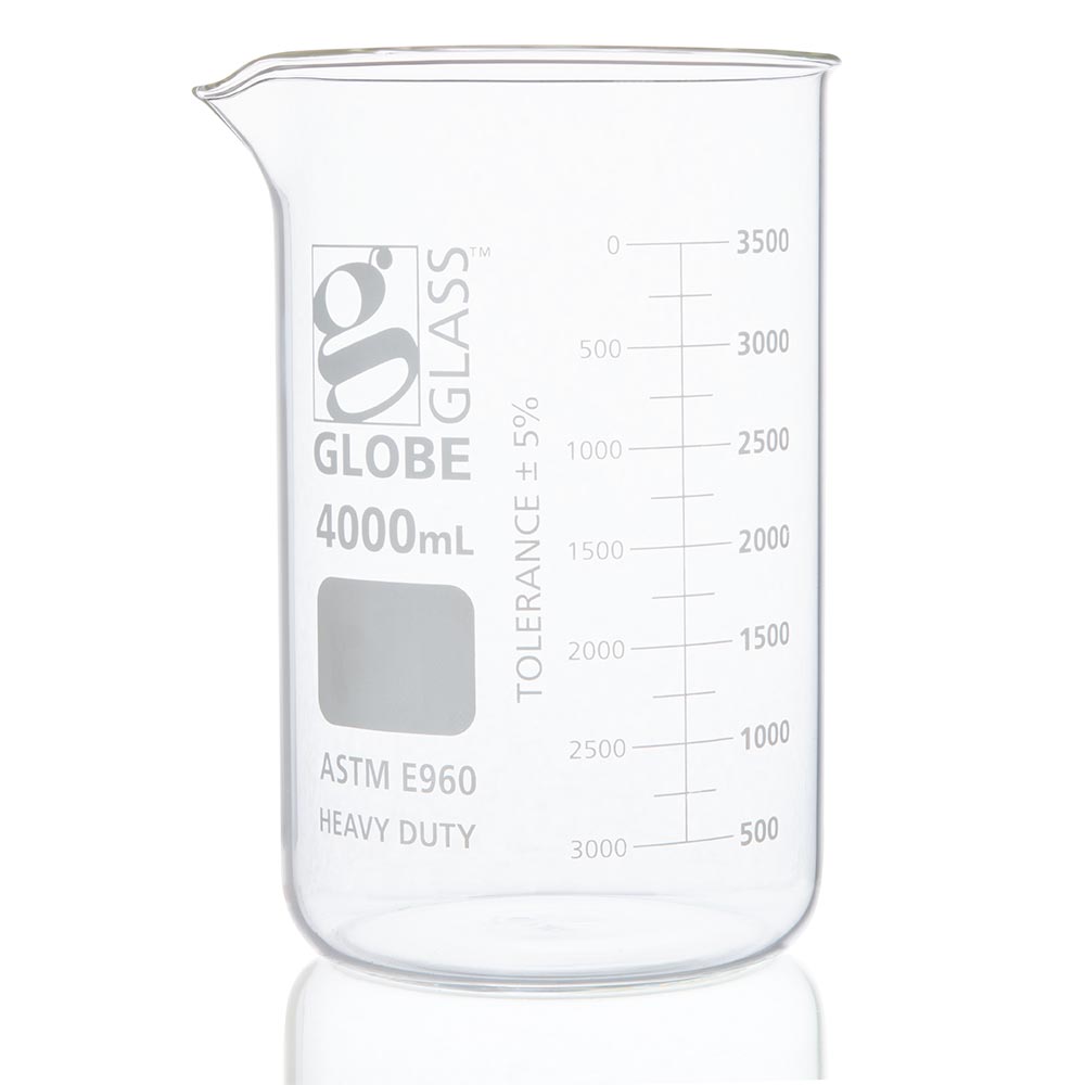 4000mL Beaker, Globe Glass, Low Form Griffin Style, Heavy Duty, Dual Graduations, 1/Pack