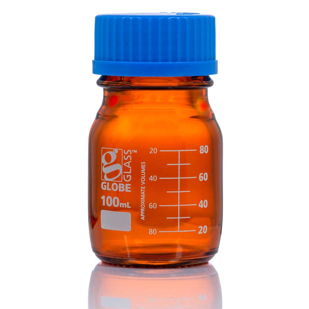 100mL Amber Media Bottle, Globe Glass, GL45 Screw Cap, Dual Graduations, 10/Pack
