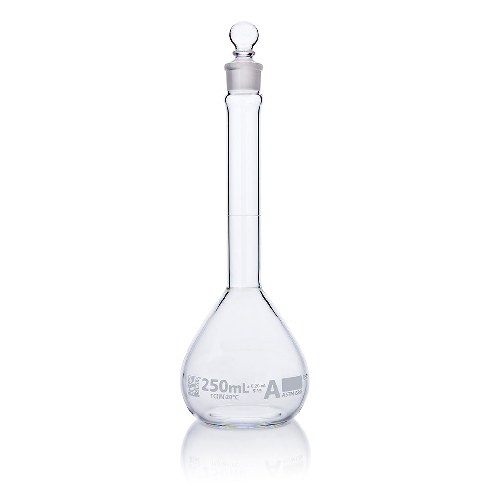 250mL Volumetric Flask, Globe Glass, Class A, Wide Mouth, 6/Box, 12/Case