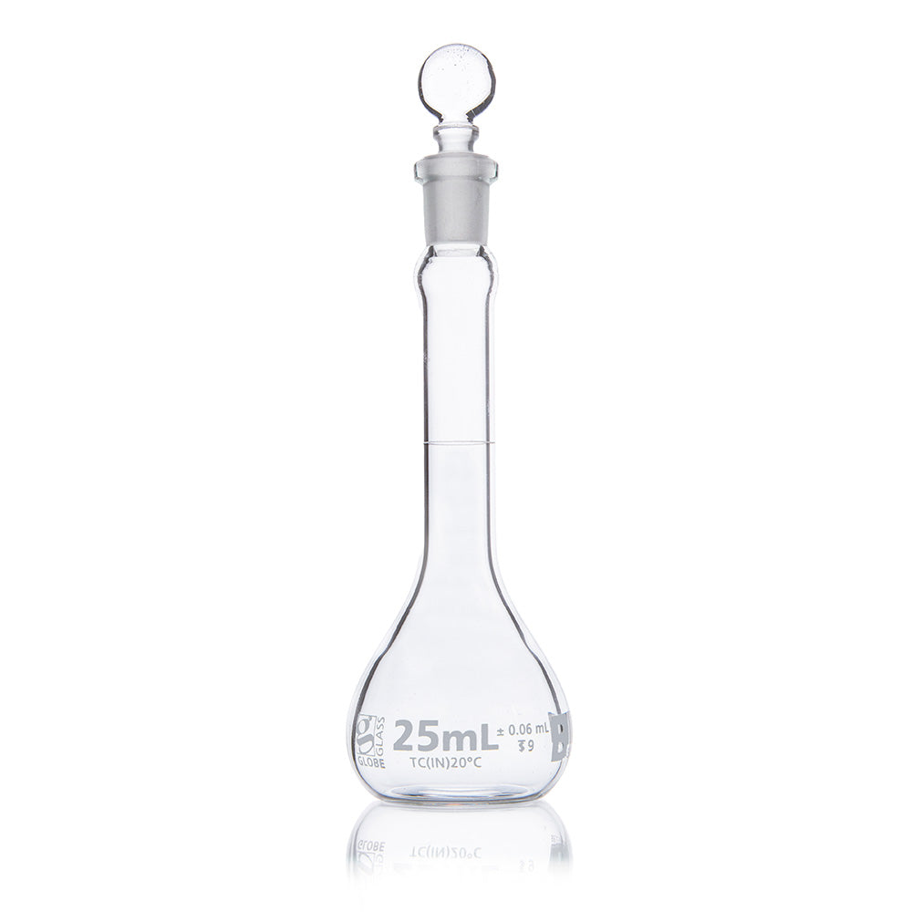 25mL Volumetric Flask, Globe Glass, Class B, 6/Box, 12/Case