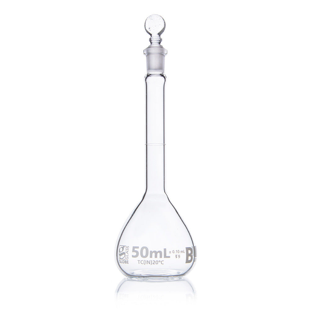 50mL Volumetric Flask, Globe Glass, Class B, 6/Box, 12/Case
