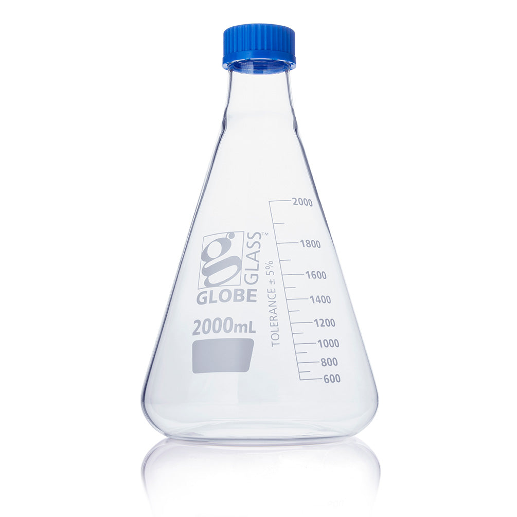 2000mL Erlenmeyer Flask, Globe Glass, Screw Cap, EACH, 2/Case