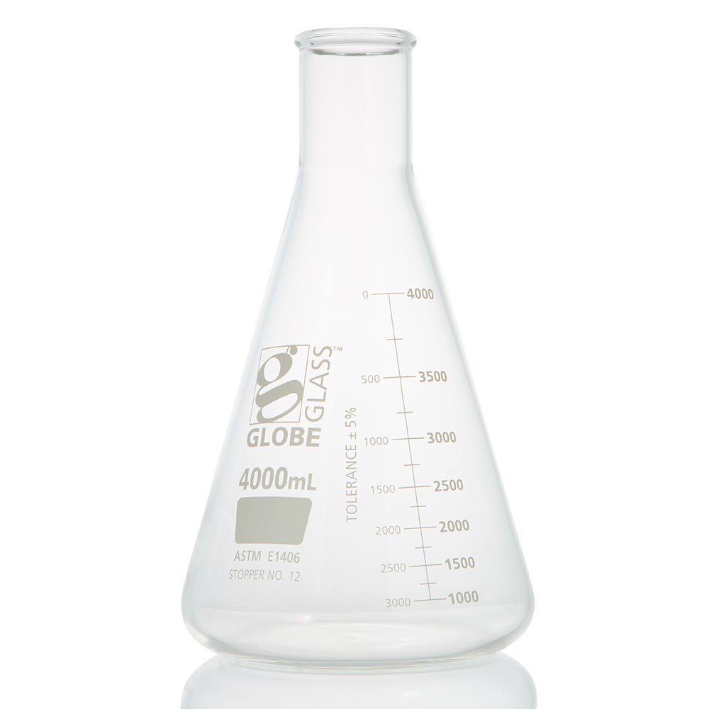 4000mL Erlenmeyer Flask, Globe Glass, Heavy Duty, Narrow Mouth, Dual Graduations