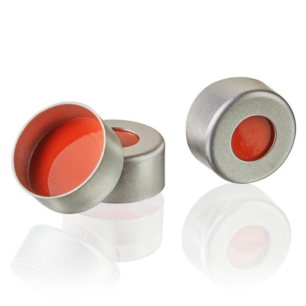 DiamondPure Aluminum Seal for 2mL Chromatorgraphy Vial, Crimp Closure, 11mm Finish, Natural, PTFE/Red Rubber Septum