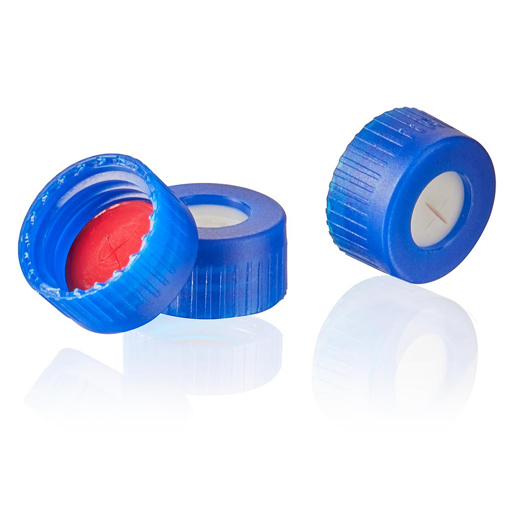 DiamondPure Screw Cap for 2mL Chromatography Vial, Screw Closure, 9mm Finish, Open Top Blue Cap, Bonded Red PTFE/White Silicone Septum, Pre-slit