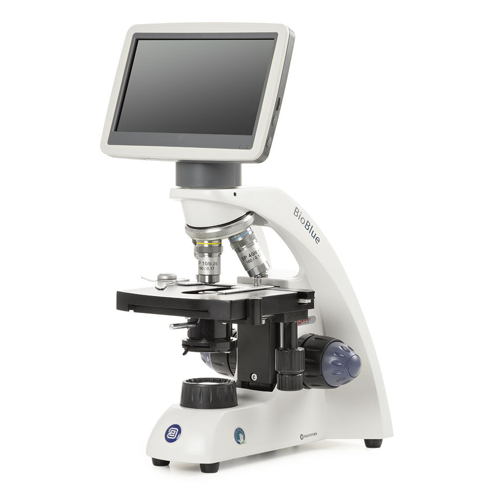 BioBlue microscope w/7 inch LCD screen, SMP 4/10/S40 objectives w/mech. stage
