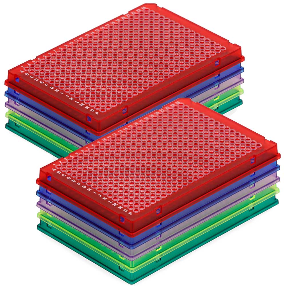 Special Order - Diamond Shell 384-well PCR plate, A24 single notch, Assorted colors PC frame (Bl, Gn, Rd, Yw, Vt) and Clear PP wells