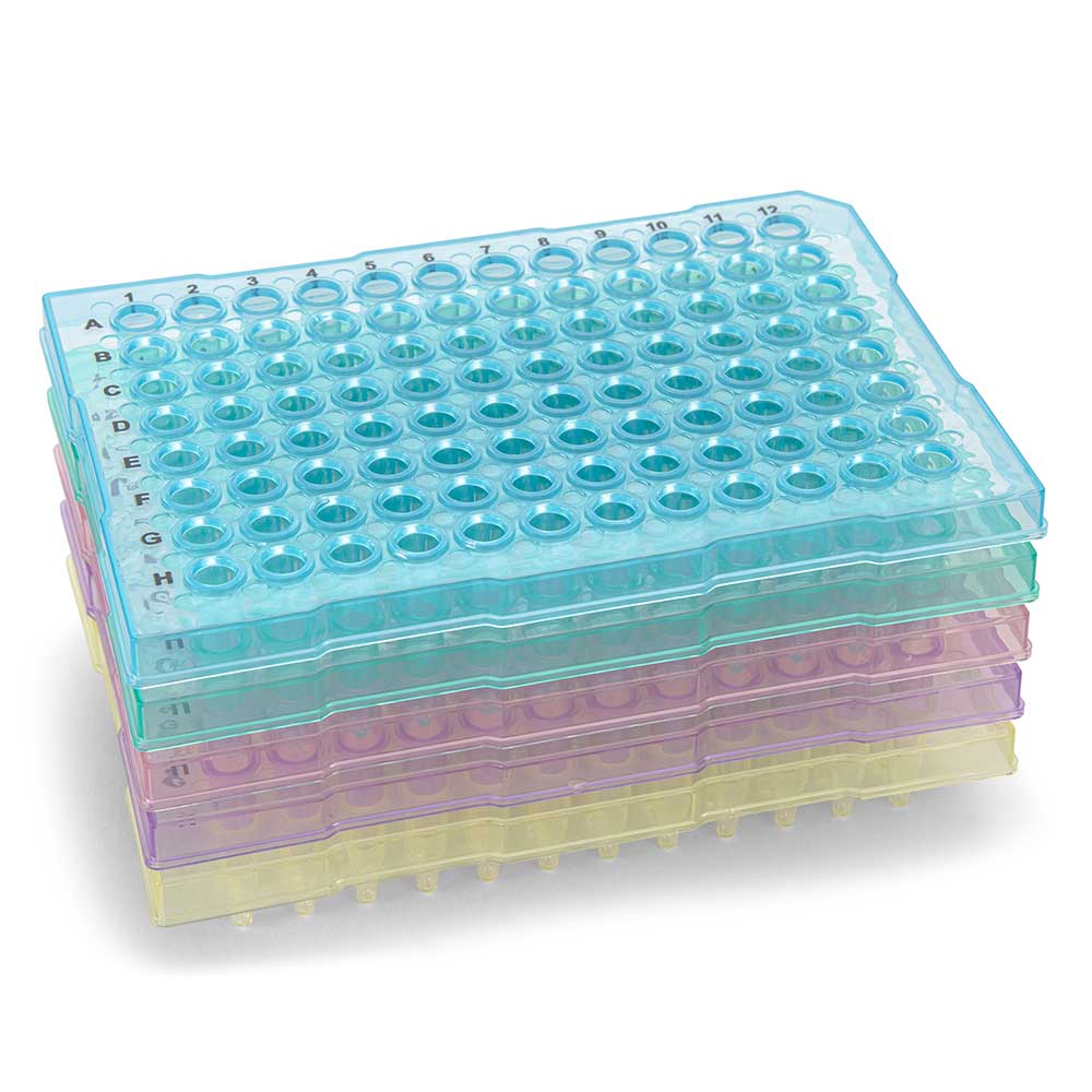 0.2mL 96-Well PCR Plate, Half Skirt (ABI-style), Flat top, Assorted Colors (Blue, Red, Green, Yellow and Violet)
